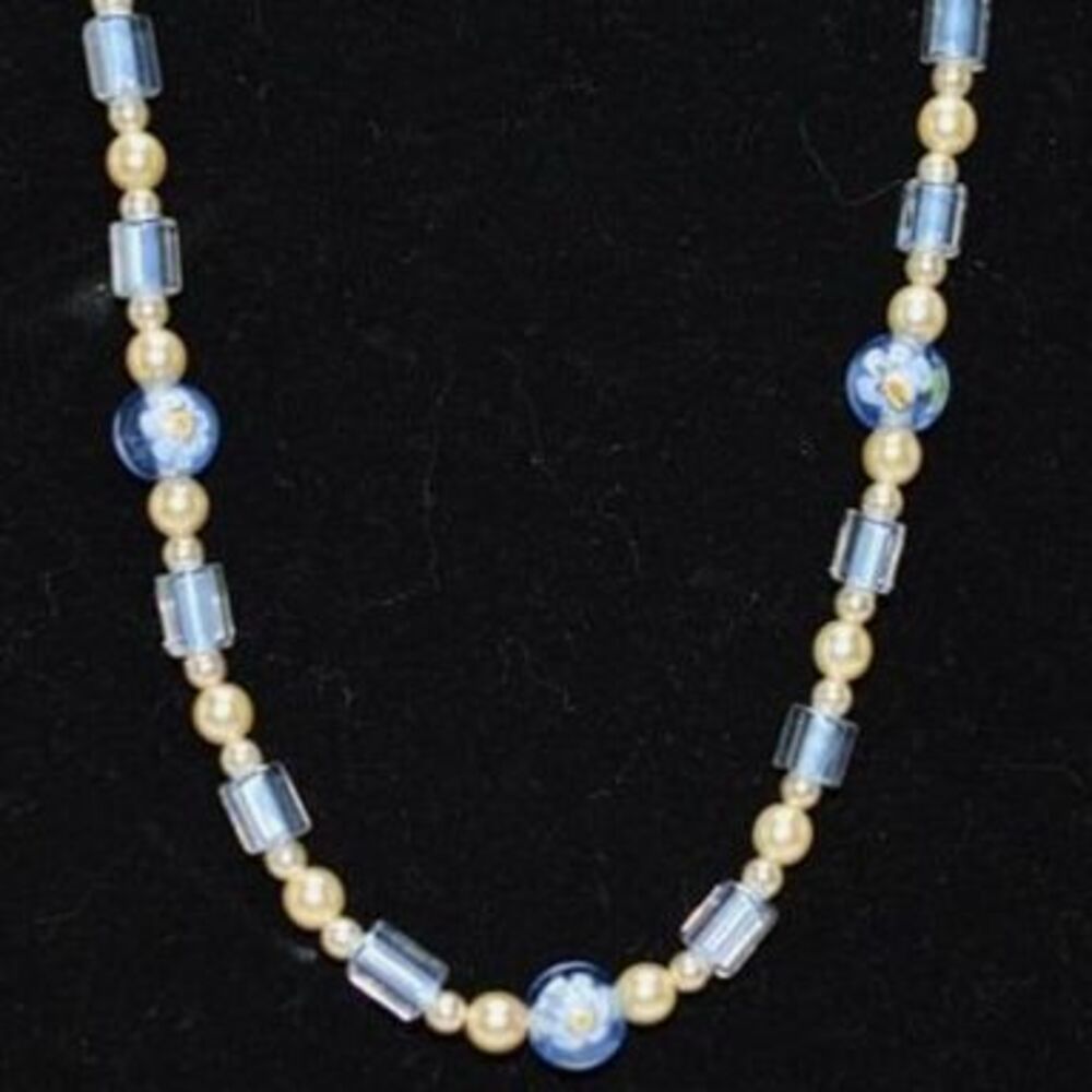 Mid Century Modern Blue Flower Glass Bead Faux Pearl 18" Silver Tone Necklace